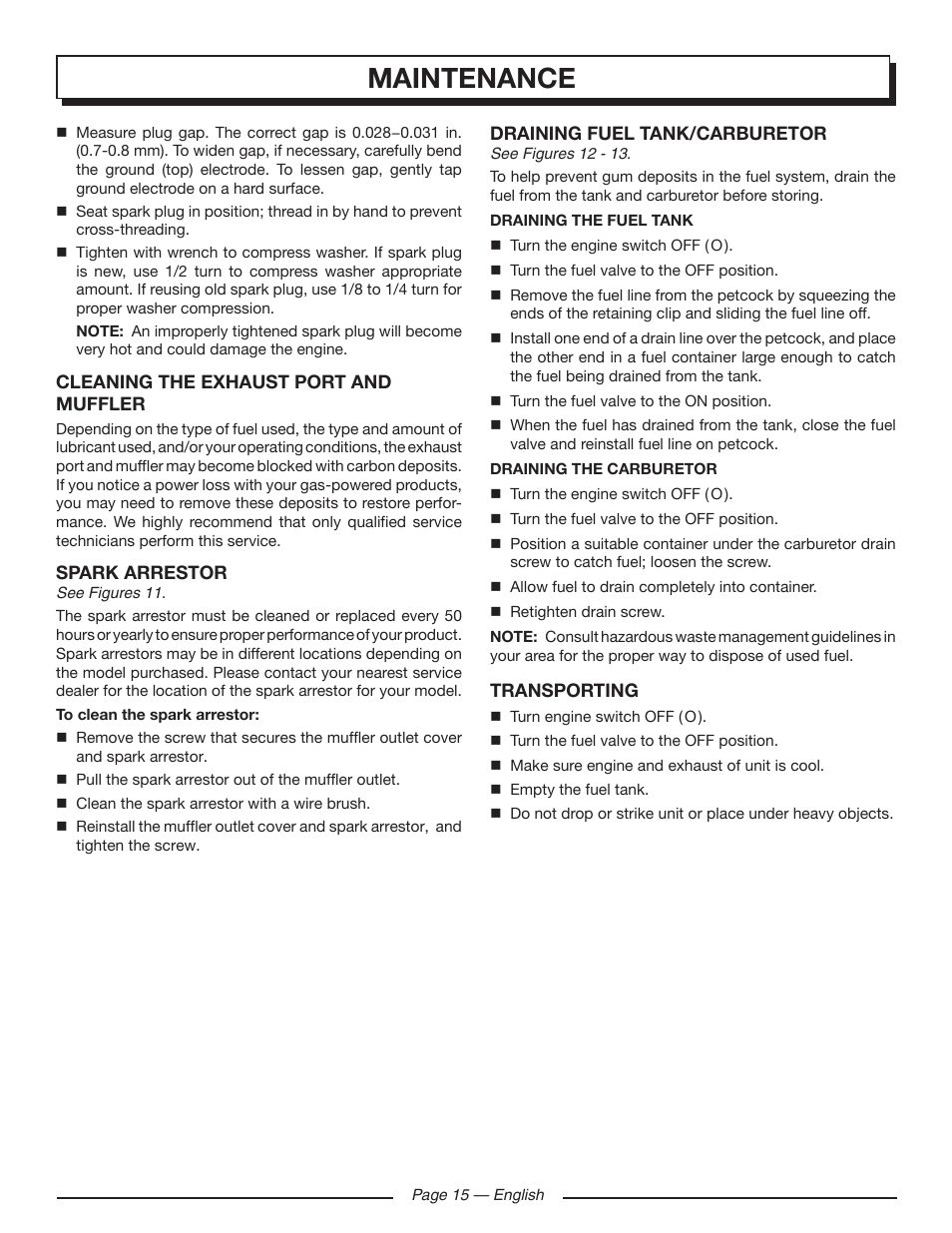 Maintenance | Homelite HGCA1400 User Manual | Page 17 / 58