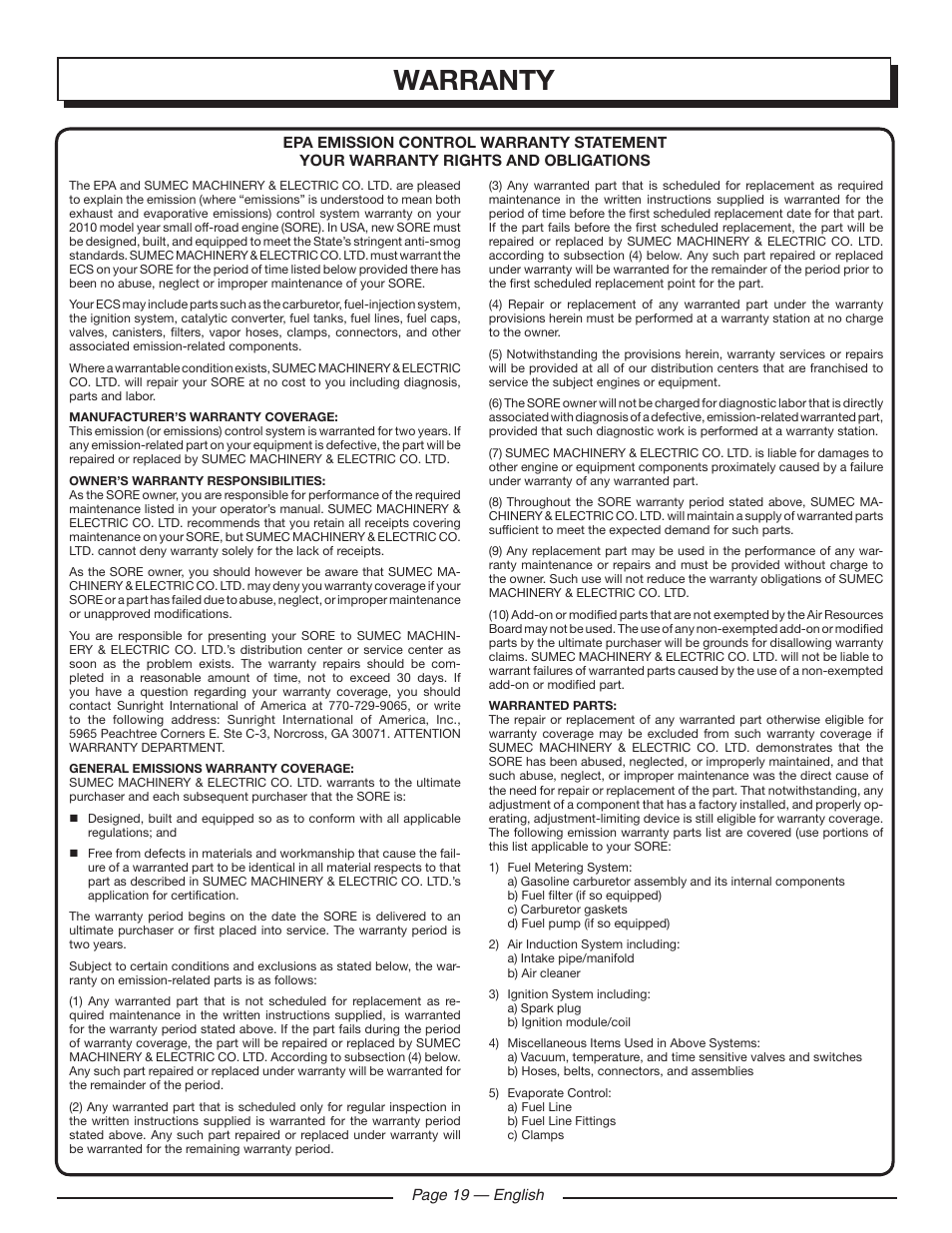 Warranty | Homelite HGCA1400 User Manual | Page 21 / 58
