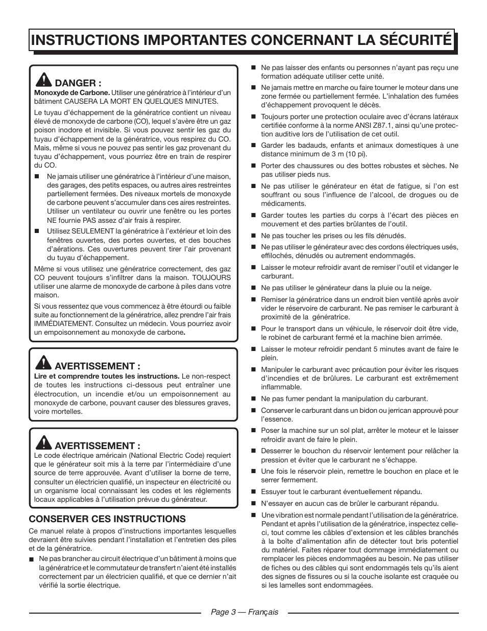 Instructions importantes concernant la sécurité, Danger, Avertissement | Conserver ces instructions | Homelite HGCA1400 User Manual | Page 23 / 58