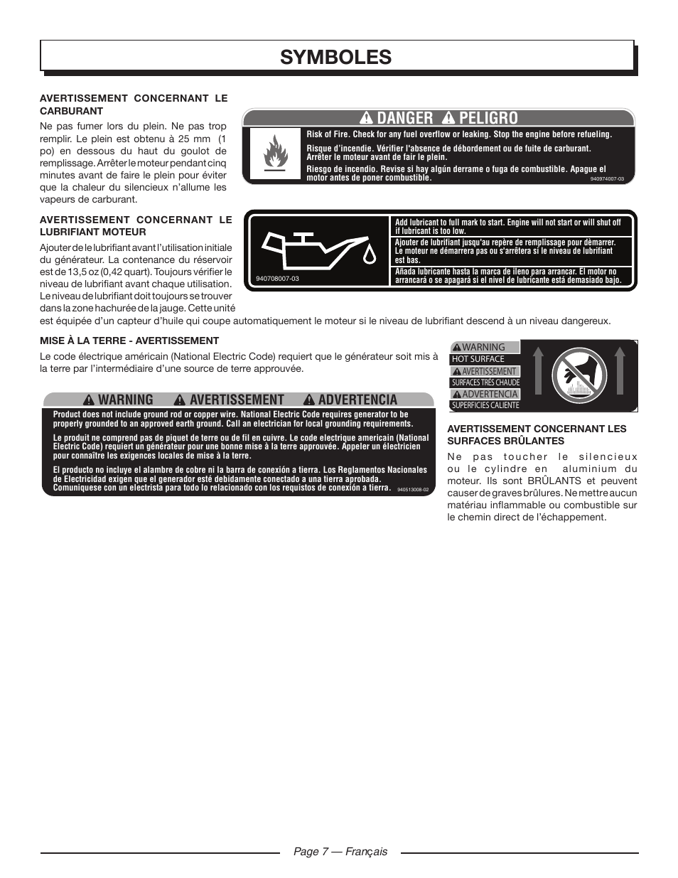 Symboles, Danger peligro, Warning advertencia avertissement | Homelite HGCA1400 User Manual | Page 27 / 58