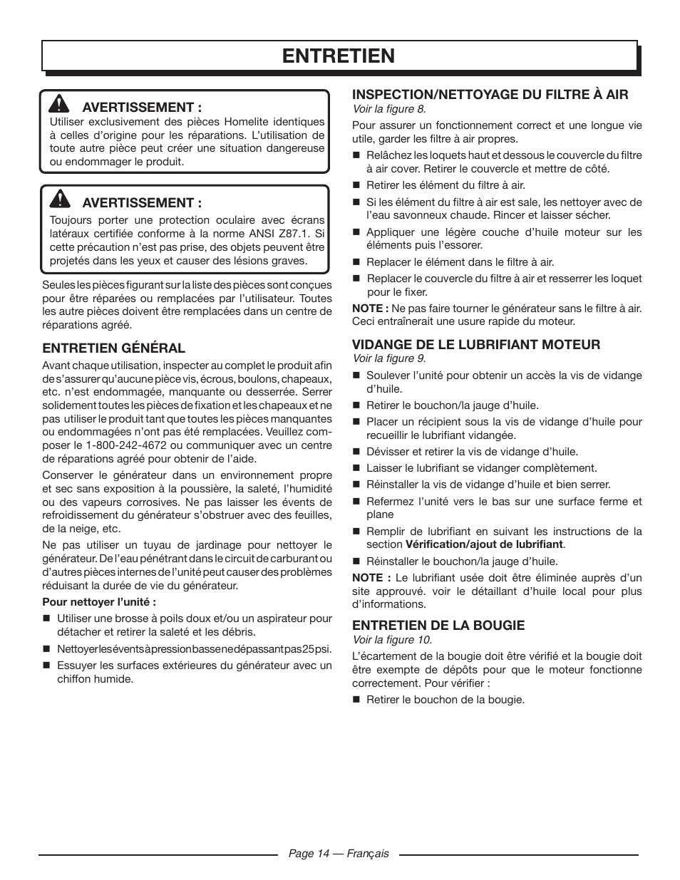 Entretien | Homelite HGCA1400 User Manual | Page 34 / 58