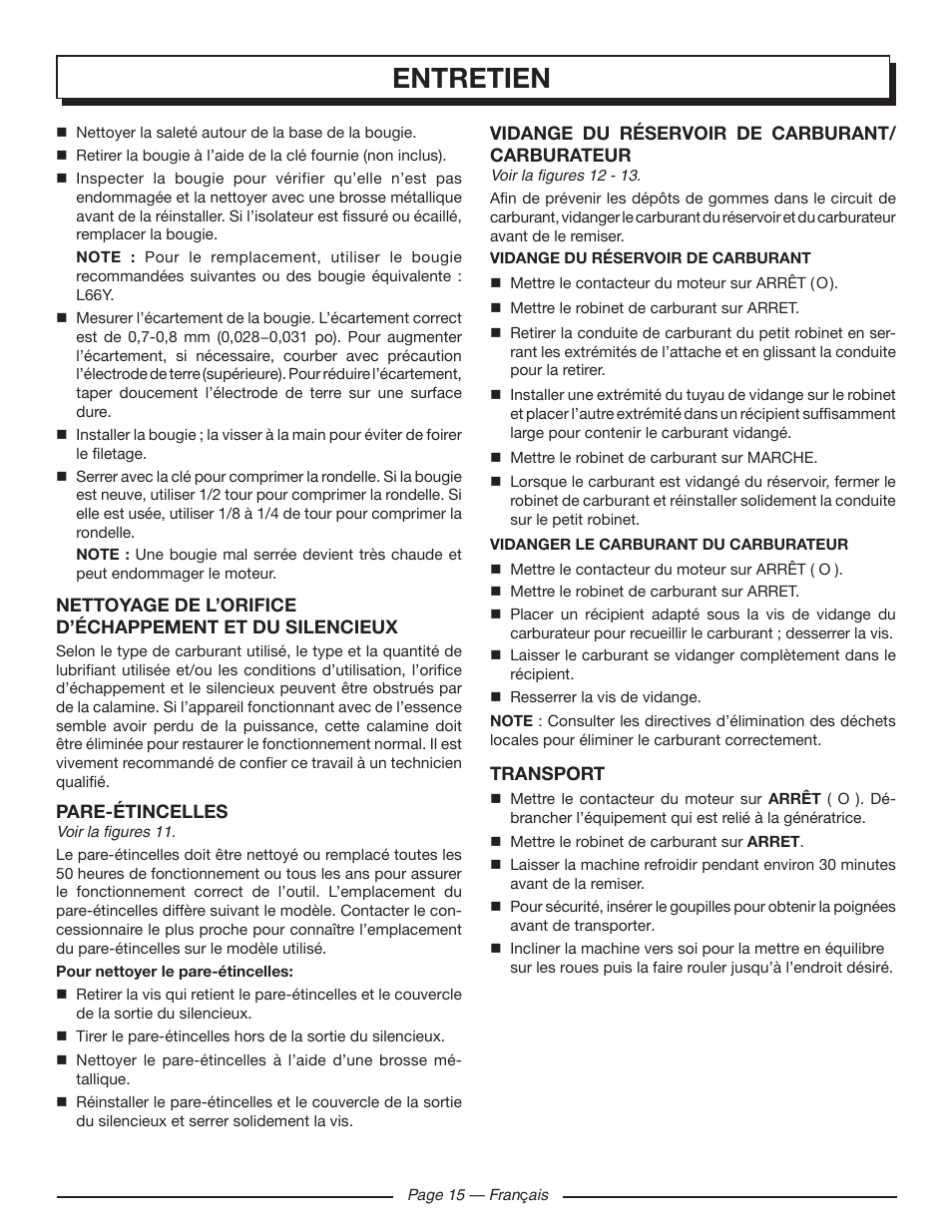Entretien | Homelite HGCA1400 User Manual | Page 35 / 58