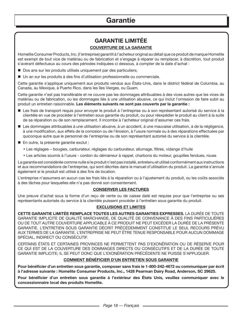 Garantie, Garantie limitée | Homelite HGCA1400 User Manual | Page 38 / 58