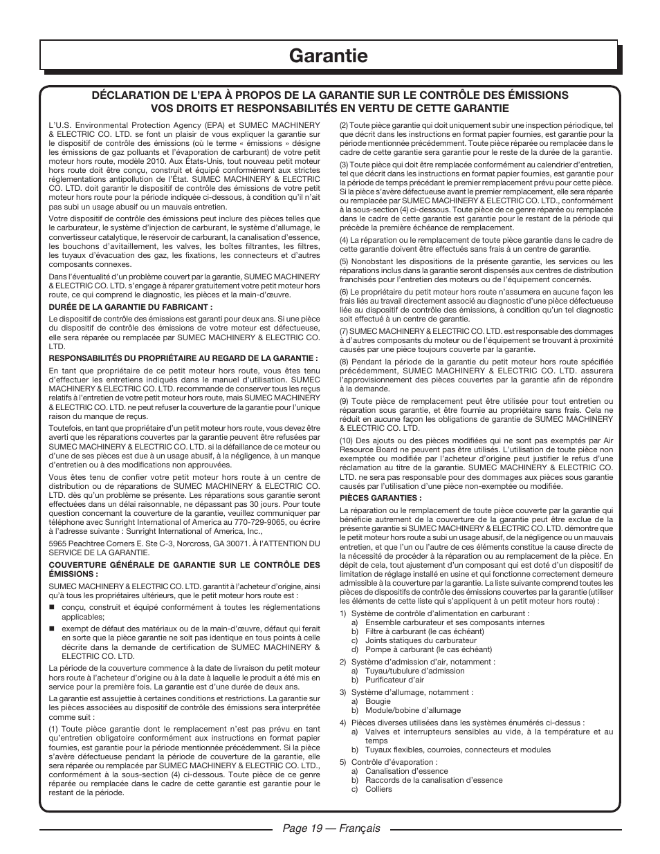 Garantie, Page 19 — fran ç ais | Homelite HGCA1400 User Manual | Page 39 / 58