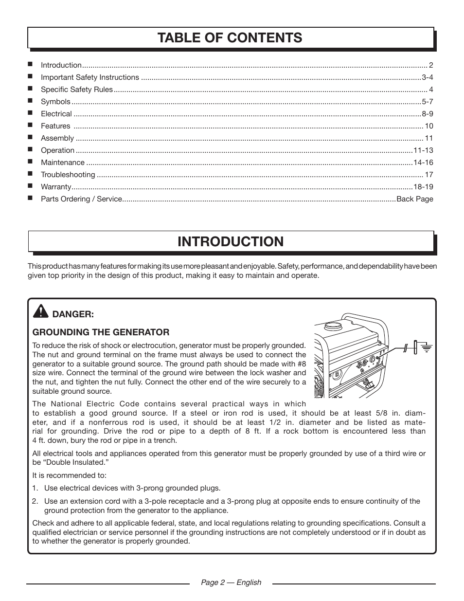 Table of contents introduction | Homelite HGCA1400 User Manual | Page 4 / 58