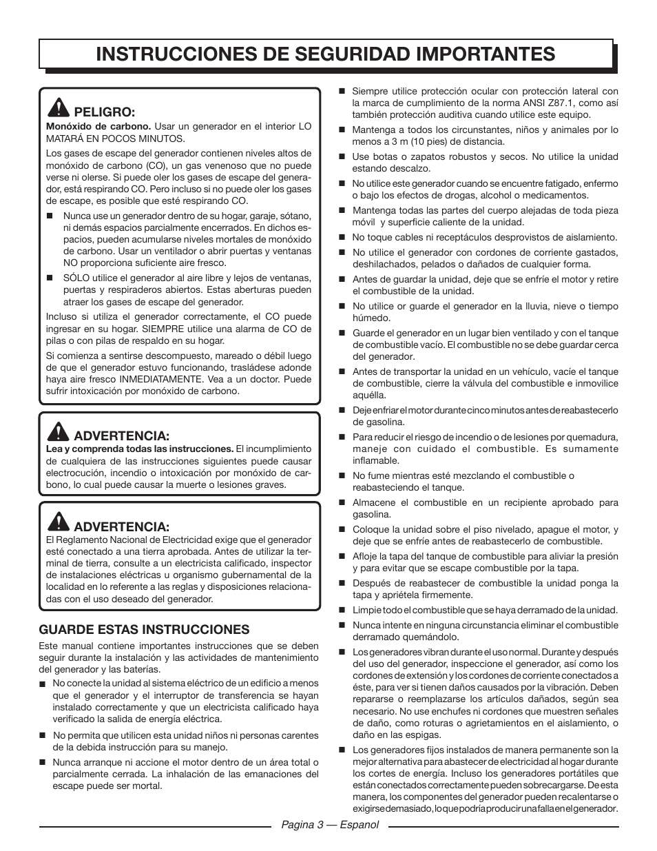 Instrucciones de seguridad importantes, Peligro, Advertencia | Guarde estas instrucciones | Homelite HGCA1400 User Manual | Page 41 / 58