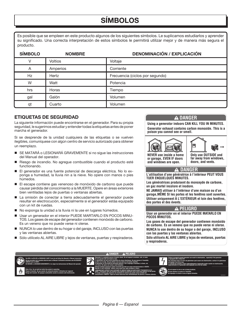 Símbolos, Danger, Etiquetas de seguridad | Peligro, Símbolo nombre denominación / explicación | Homelite HGCA1400 User Manual | Page 44 / 58