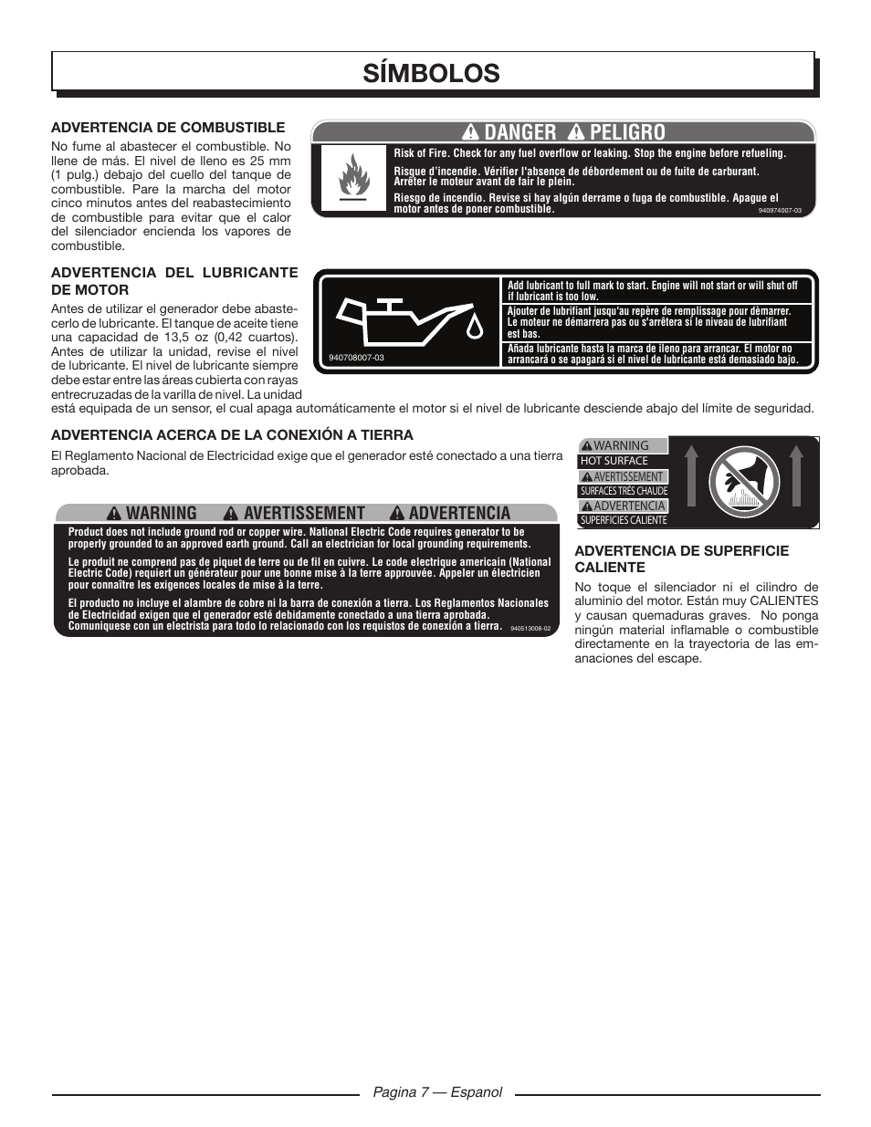 Símbolos, Danger peligro, Warning advertencia avertissement | Homelite HGCA1400 User Manual | Page 45 / 58