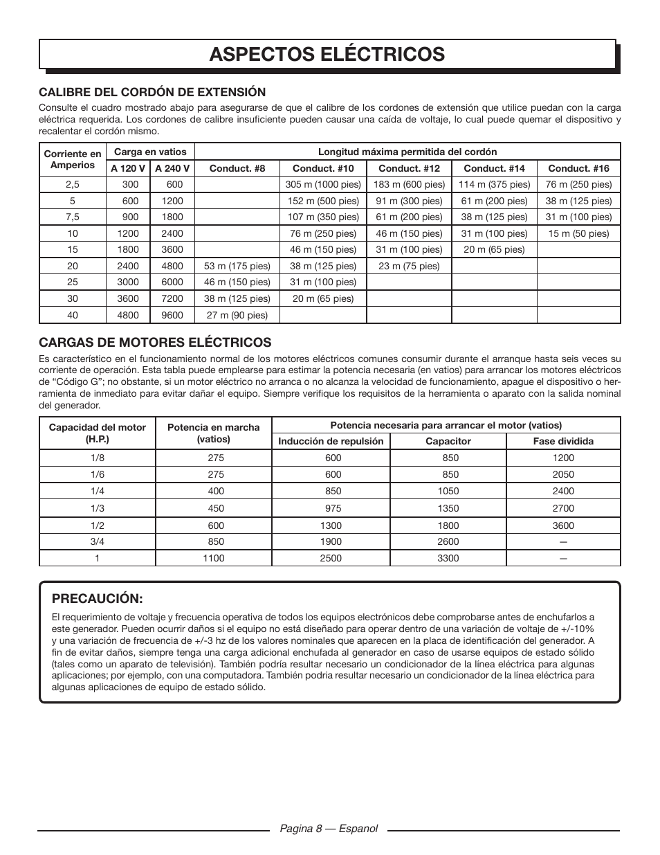 Aspectos eléctricos, Cargas de motores eléctricos, Precaución | Homelite HGCA1400 User Manual | Page 46 / 58