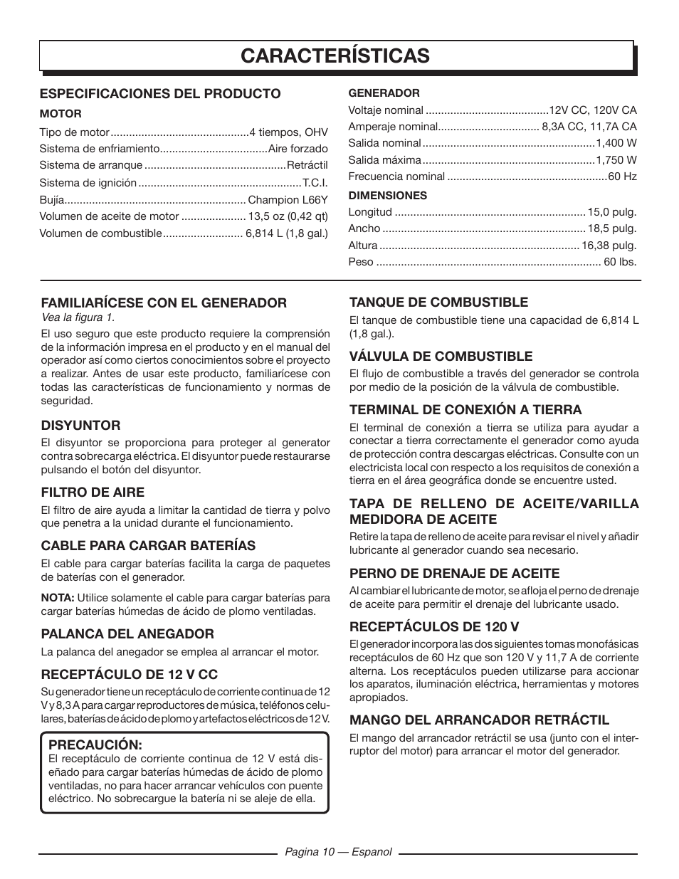 Características | Homelite HGCA1400 User Manual | Page 48 / 58