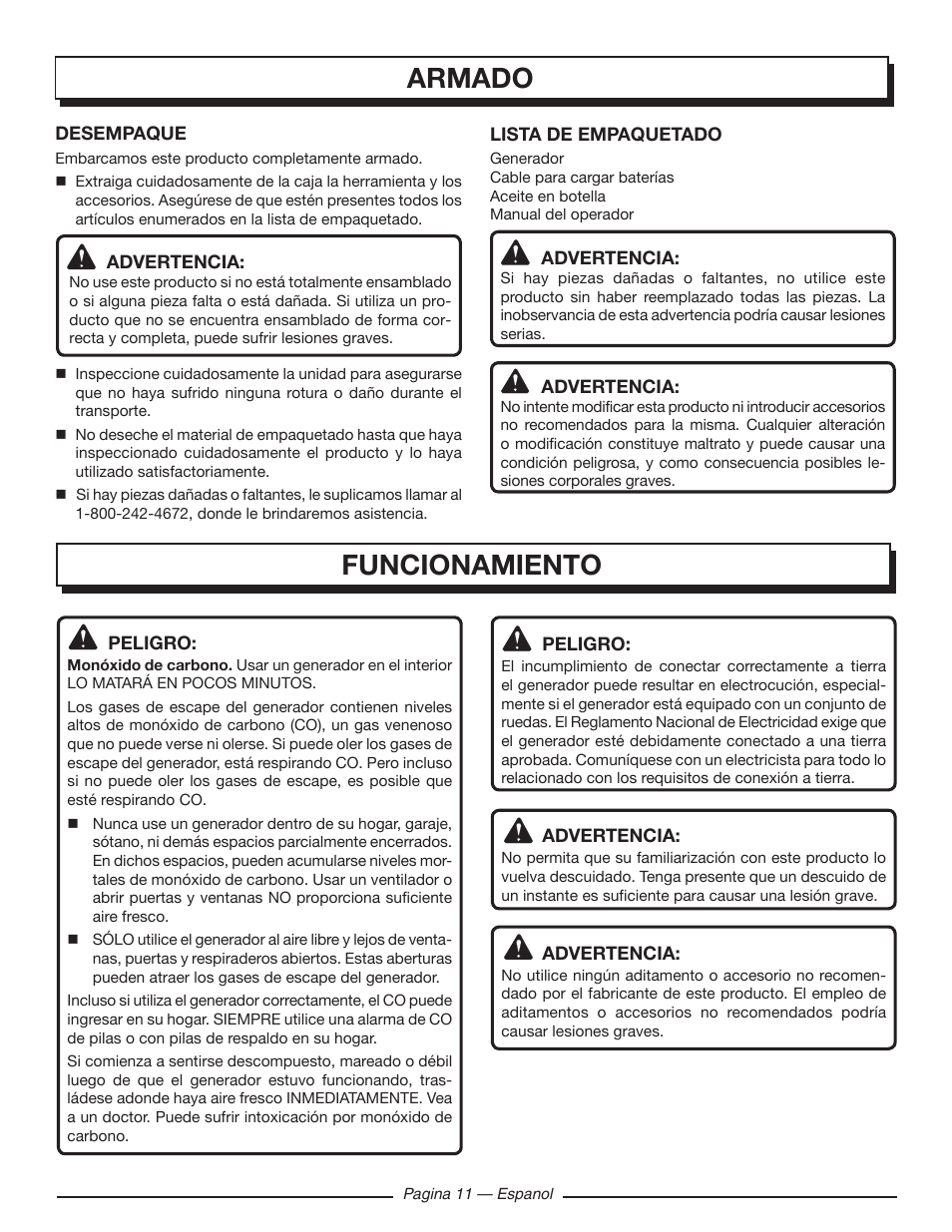 Armado, Funcionamiento | Homelite HGCA1400 User Manual | Page 49 / 58