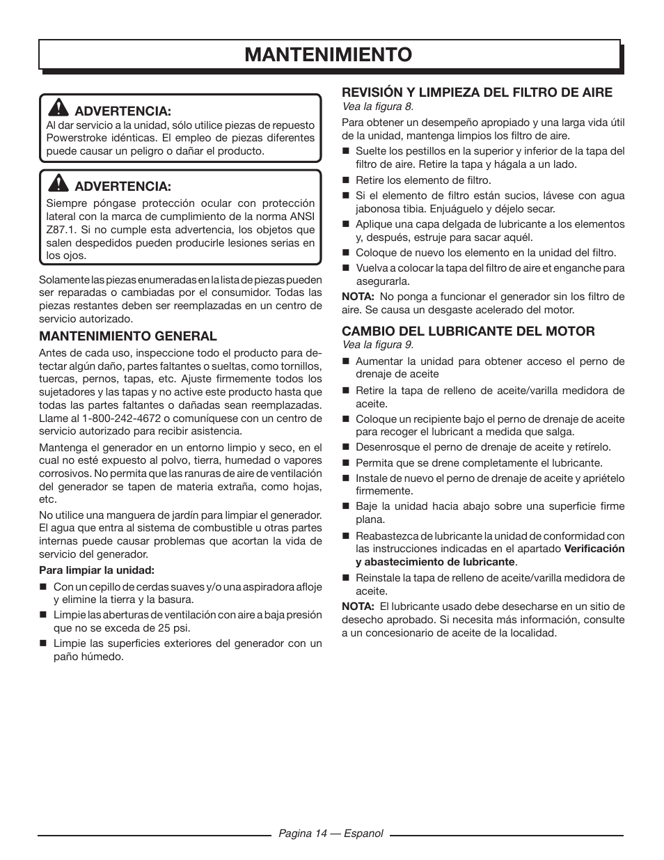 Mantenimiento | Homelite HGCA1400 User Manual | Page 52 / 58