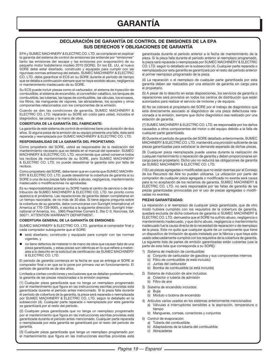 Garantía | Homelite HGCA1400 User Manual | Page 57 / 58