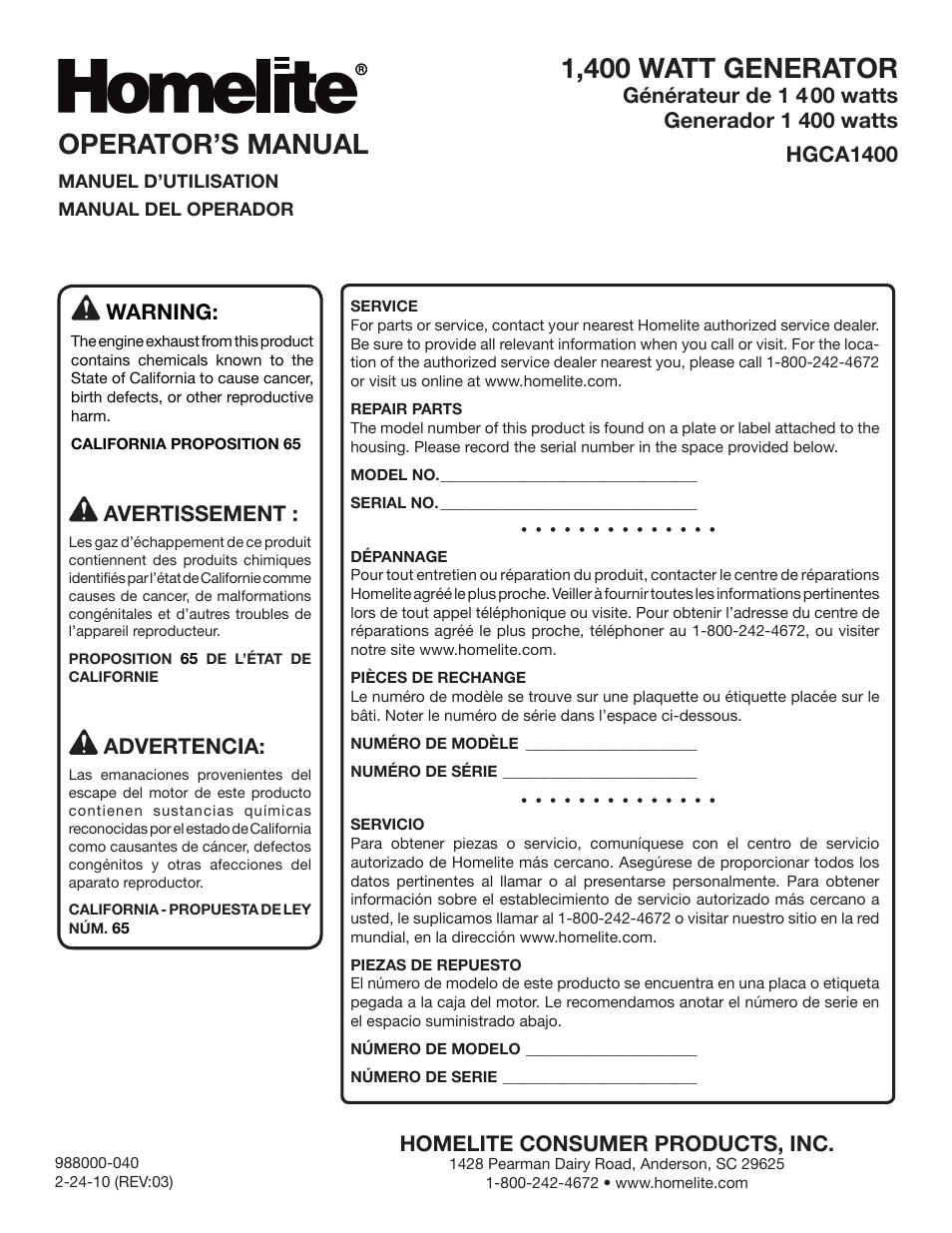 1,400 watt generator, Operator’s manual, Warning | Avertissement, Advertencia | Homelite HGCA1400 User Manual | Page 58 / 58