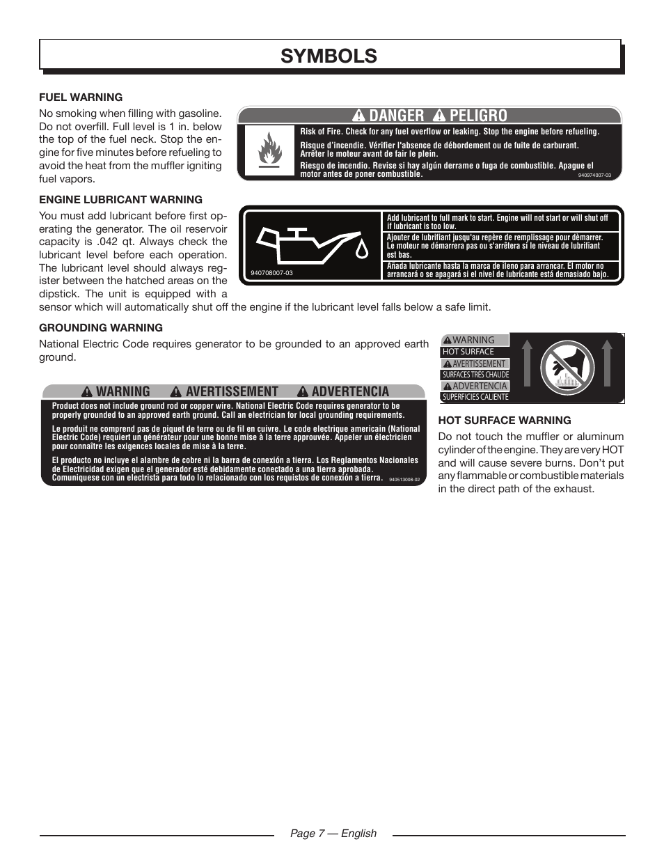 Symbols, Danger peligro, Warning advertencia avertissement | Homelite HGCA1400 User Manual | Page 9 / 58