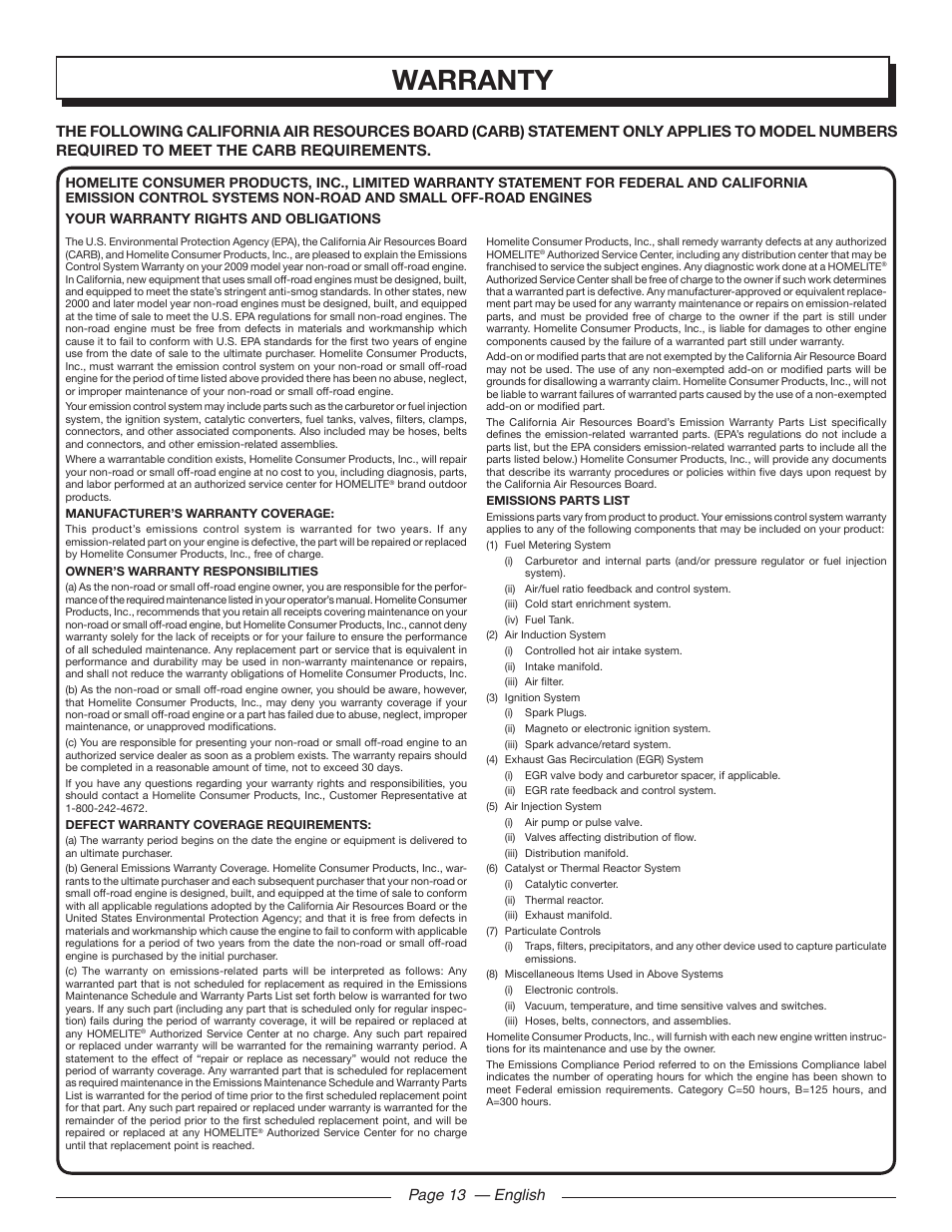 Warranty | Homelite UT09510 User Manual | Page 15 / 42