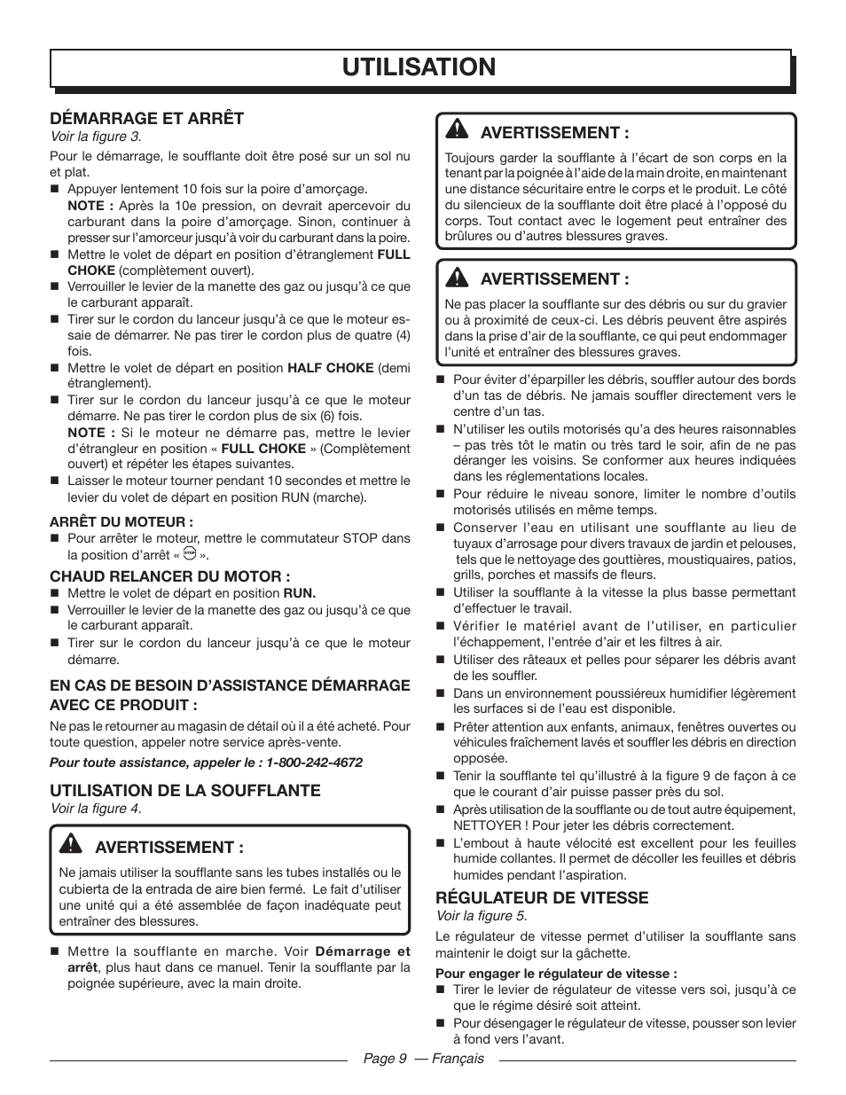 Utilisation, Avertissement, Régulateur de vitesse | Démarrage et arrêt, Utilisation de la soufflante | Homelite UT09510 User Manual | Page 24 / 42