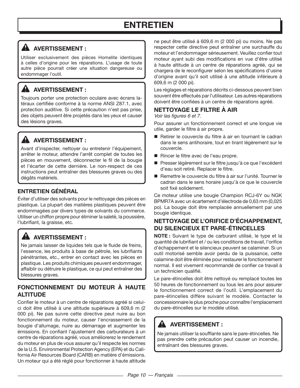 Entretien | Homelite UT09510 User Manual | Page 25 / 42