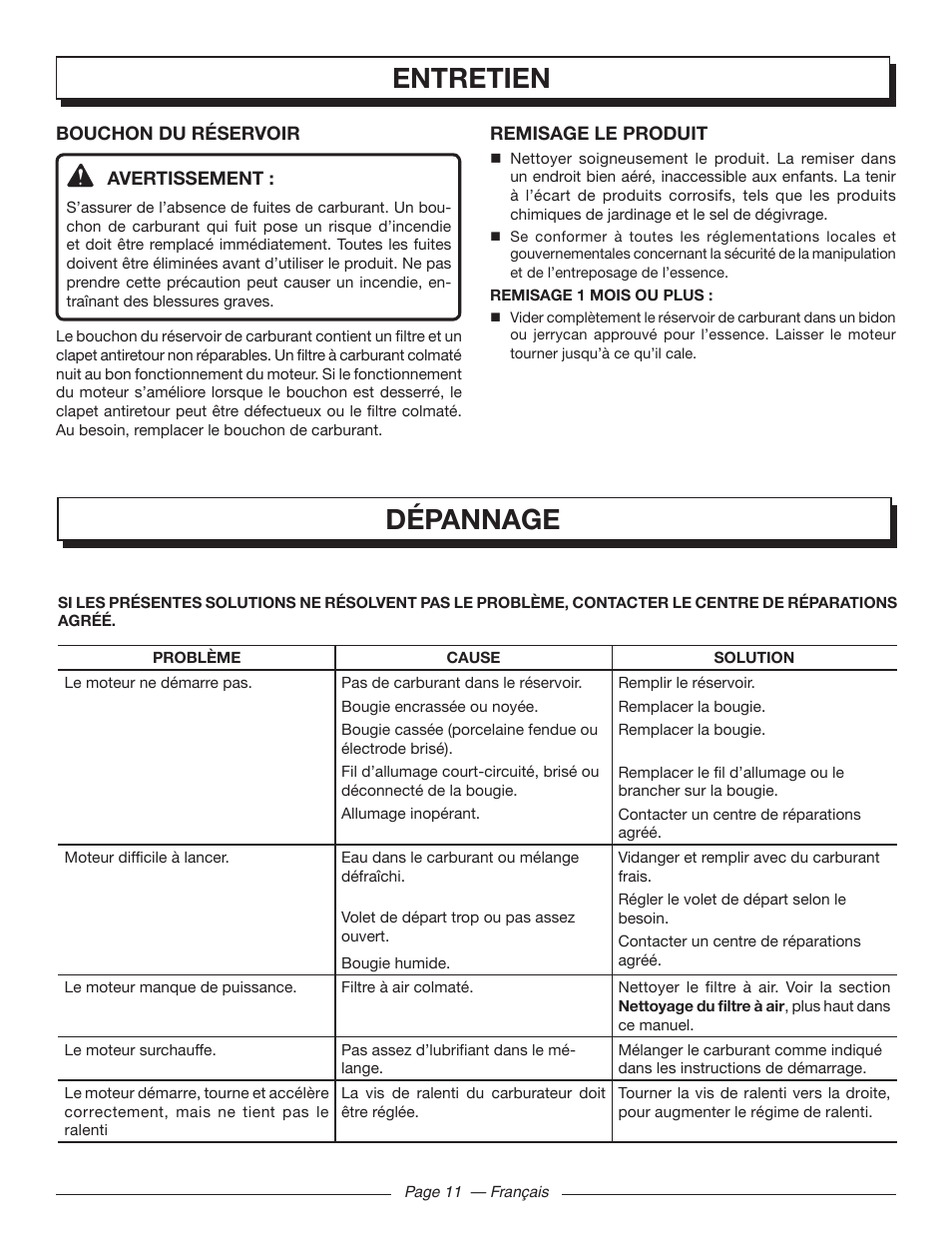 Dépannage entretien | Homelite UT09510 User Manual | Page 26 / 42