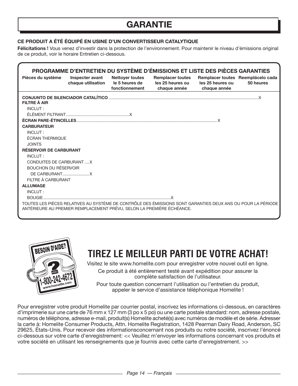 Tirez le meilleur parti de votre achat, Garantie, Besoin d’aid e | Homelite UT09510 User Manual | Page 29 / 42