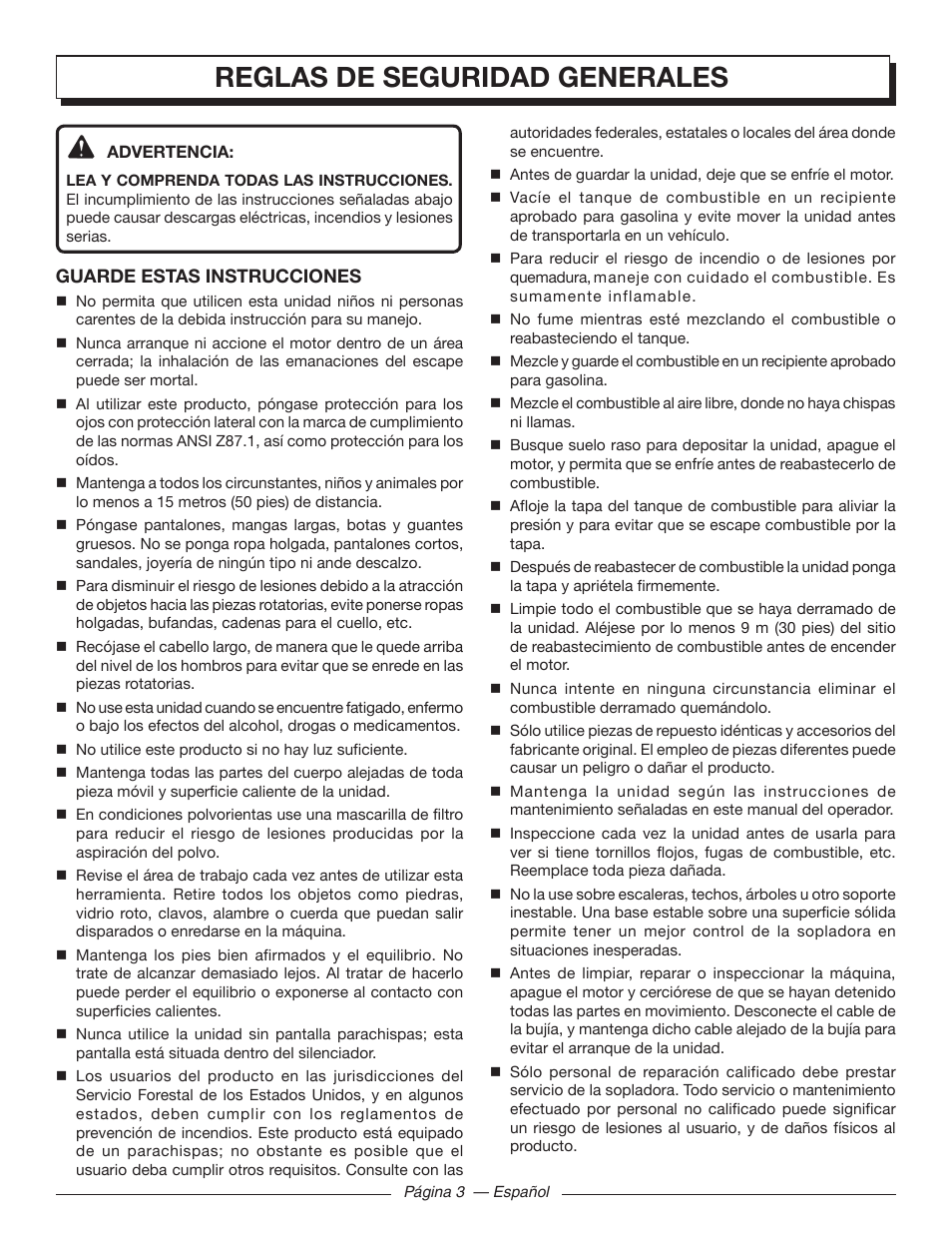 Reglas de seguridad generales | Homelite UT09510 User Manual | Page 30 / 42