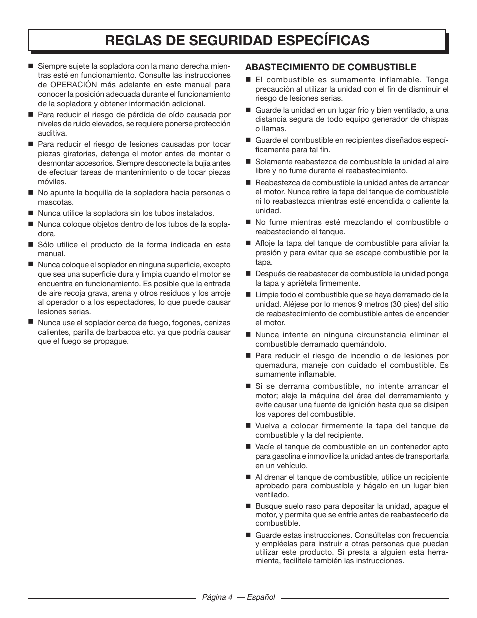 Reglas de seguridad específicas | Homelite UT09510 User Manual | Page 31 / 42