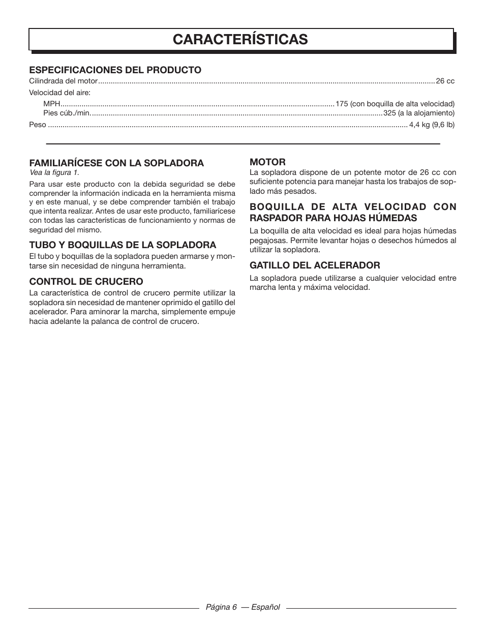 Características | Homelite UT09510 User Manual | Page 33 / 42