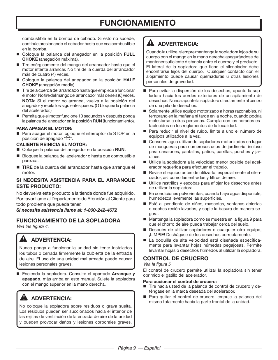 Funcionamiento, Funcionamiento de la sopladora, Advertencia | Control de crucero | Homelite UT09510 User Manual | Page 36 / 42