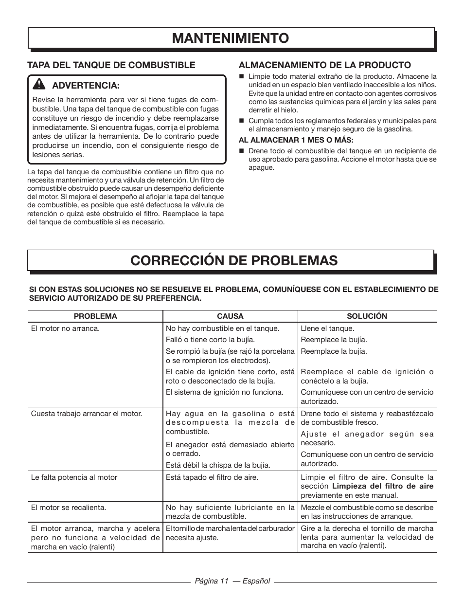 Corrección de problemas mantenimiento | Homelite UT09510 User Manual | Page 38 / 42