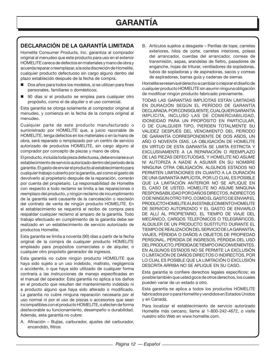 Garantía | Homelite UT09510 User Manual | Page 39 / 42