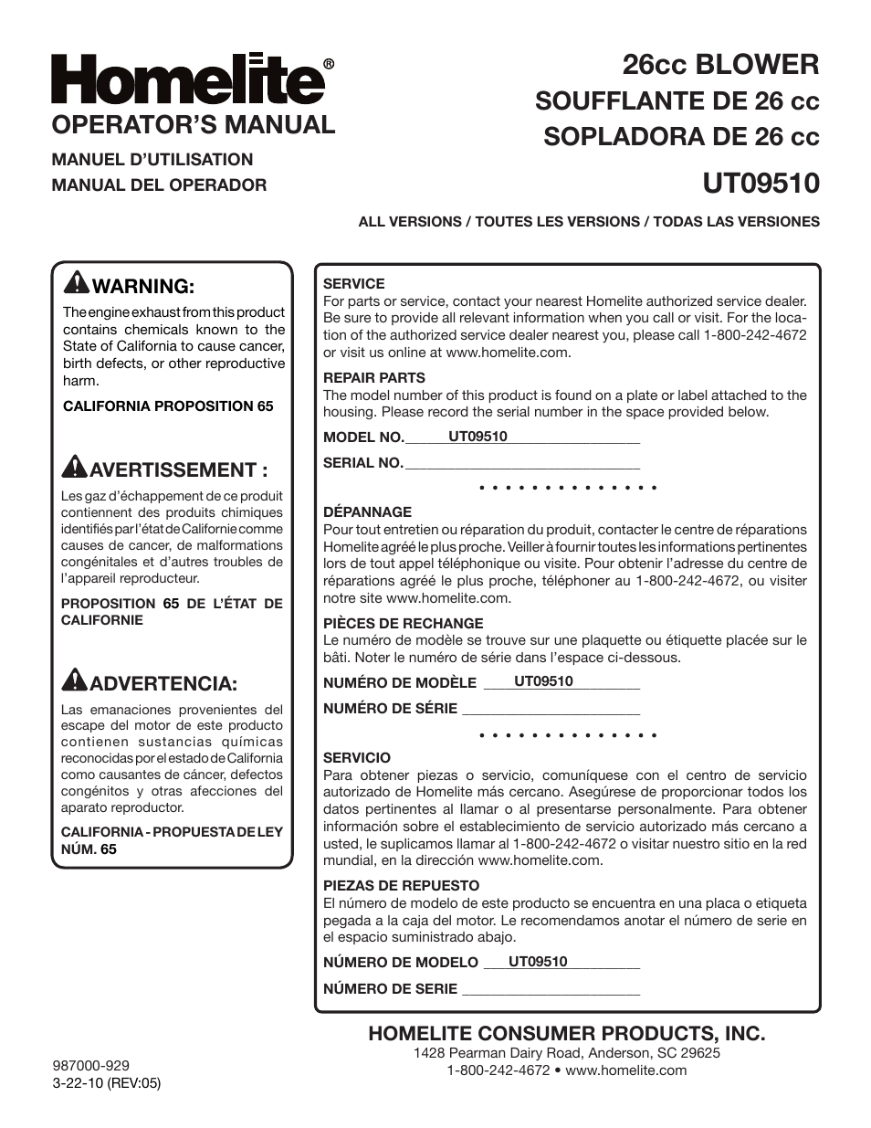 26cc blower, Soufflante de 26 cc sopladora de 26 cc, Operator’s manual | Homelite consumer products, inc, Warning, Avertissement, Advertencia | Homelite UT09510 User Manual | Page 42 / 42