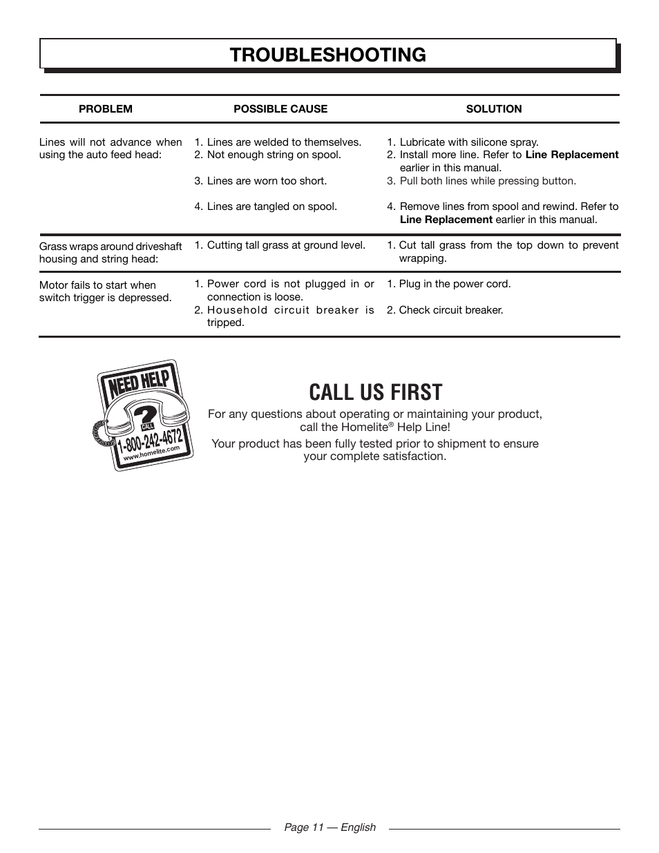 Call us first, Troubleshooting | Homelite UT41121 User Manual | Page 11 / 36