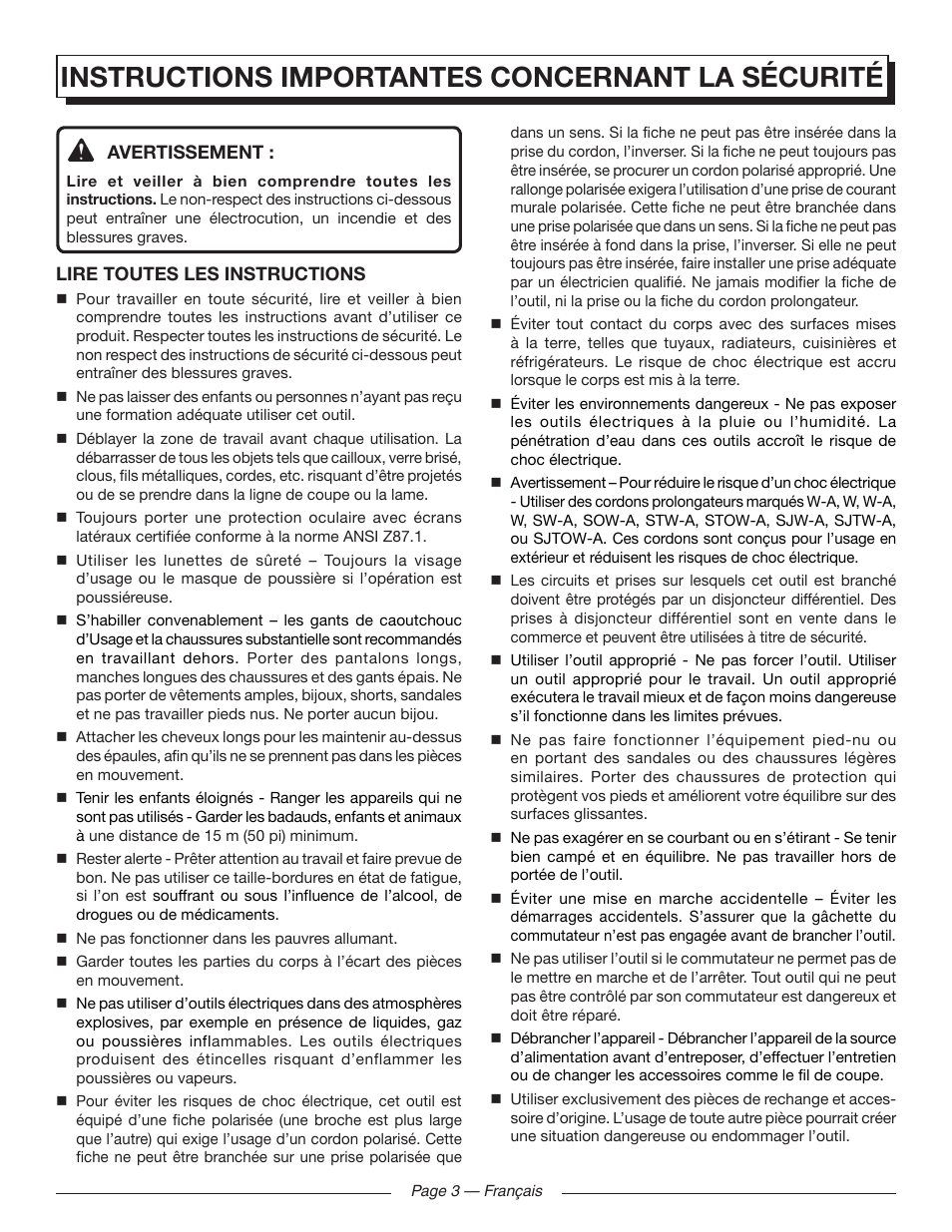 Instructions importantes concernant la sécurité | Homelite UT41121 User Manual | Page 14 / 36