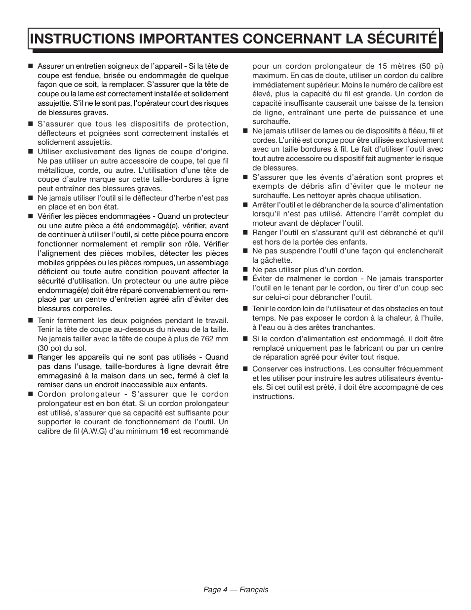 Instructions importantes concernant la sécurité | Homelite UT41121 User Manual | Page 15 / 36