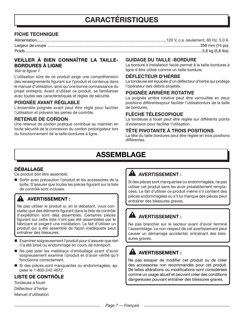 Caractéristiques, Assemblage | Homelite UT41121 User Manual | Page 18 / 36