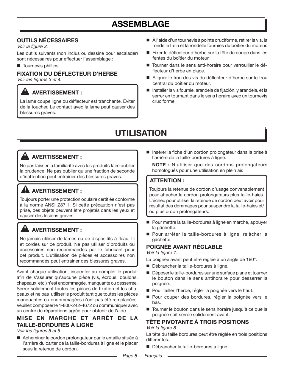Assemblage, Utilisation | Homelite UT41121 User Manual | Page 19 / 36