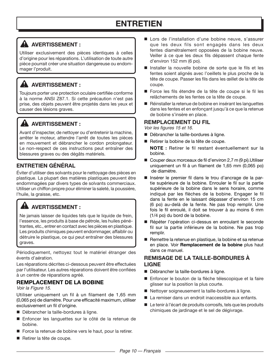 Entretien | Homelite UT41121 User Manual | Page 21 / 36