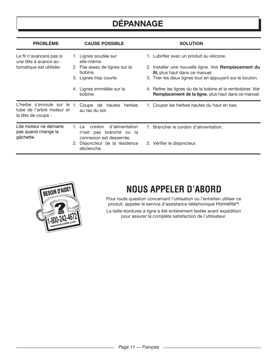 Nous appeler d’abord, Dépannage, Besoin d’aid e | Homelite UT41121 User Manual | Page 22 / 36
