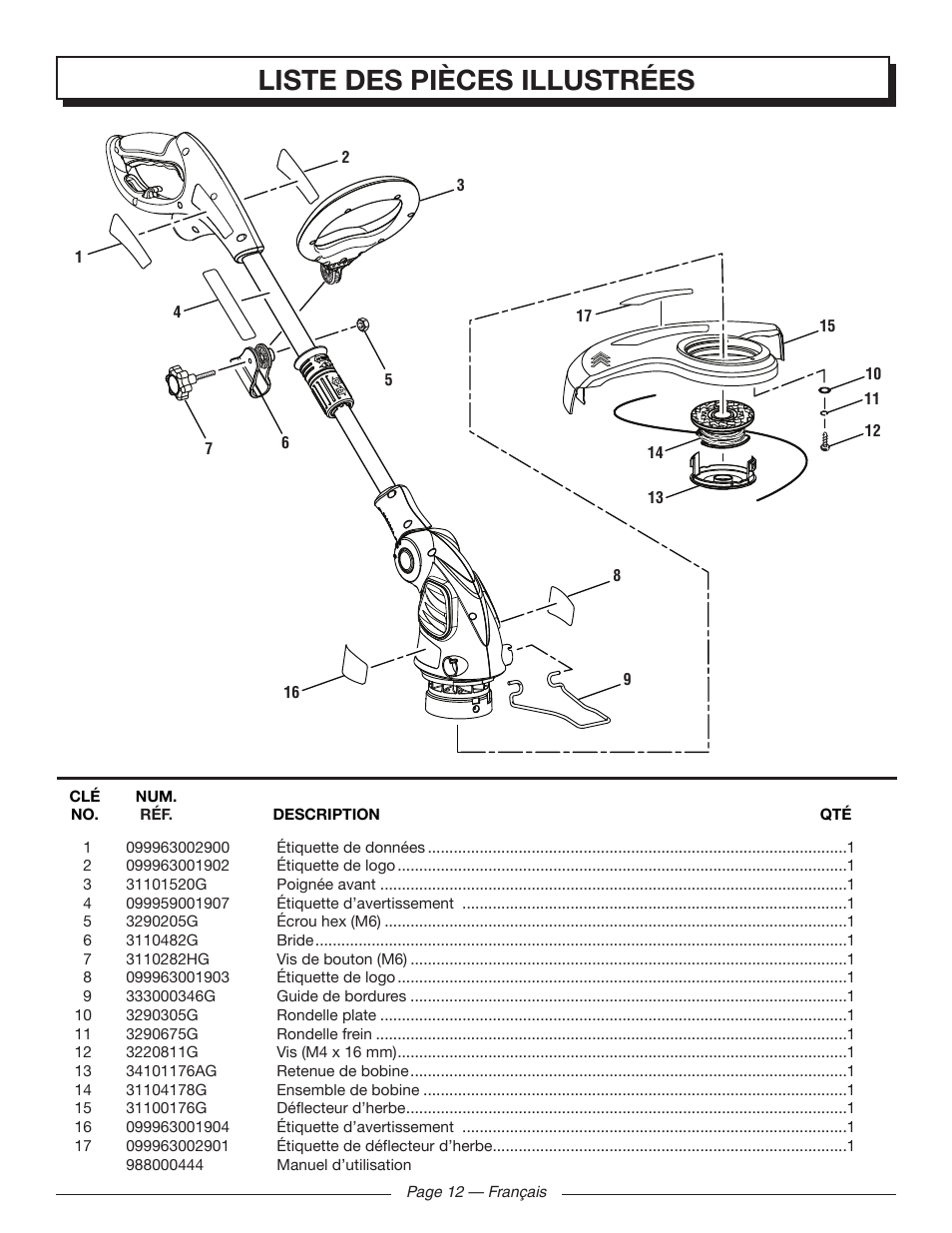 Liste des pièces illustrées | Homelite UT41121 User Manual | Page 23 / 36