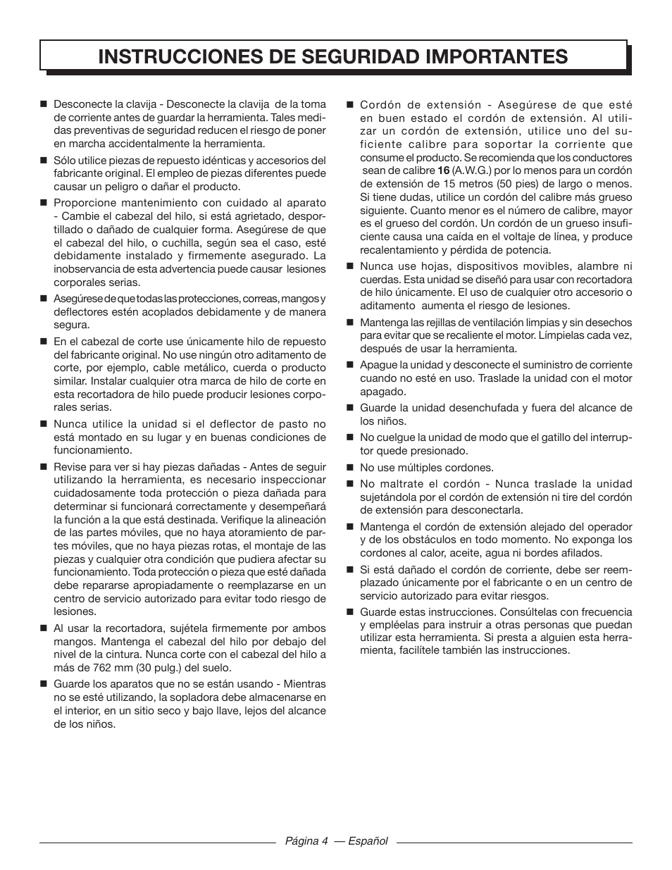 Instrucciones de seguridad importantes | Homelite UT41121 User Manual | Page 26 / 36