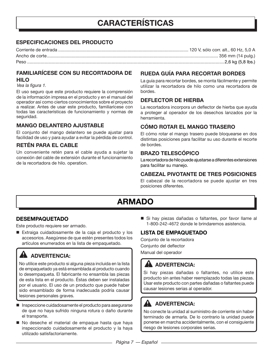 Características, Armado | Homelite UT41121 User Manual | Page 29 / 36