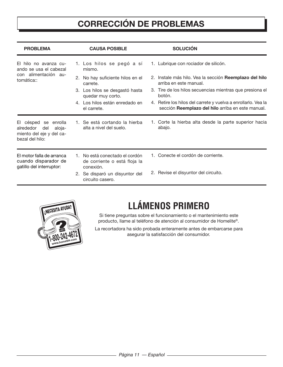 Llámenos primero, Corrección de problemas | Homelite UT41121 User Manual | Page 33 / 36