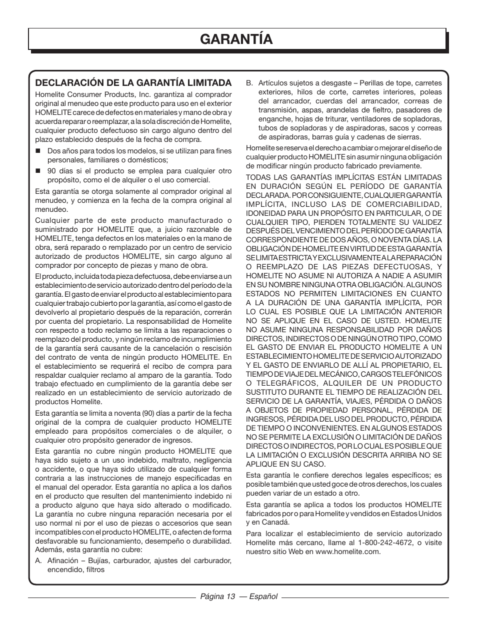 Garantía | Homelite UT41121 User Manual | Page 35 / 36
