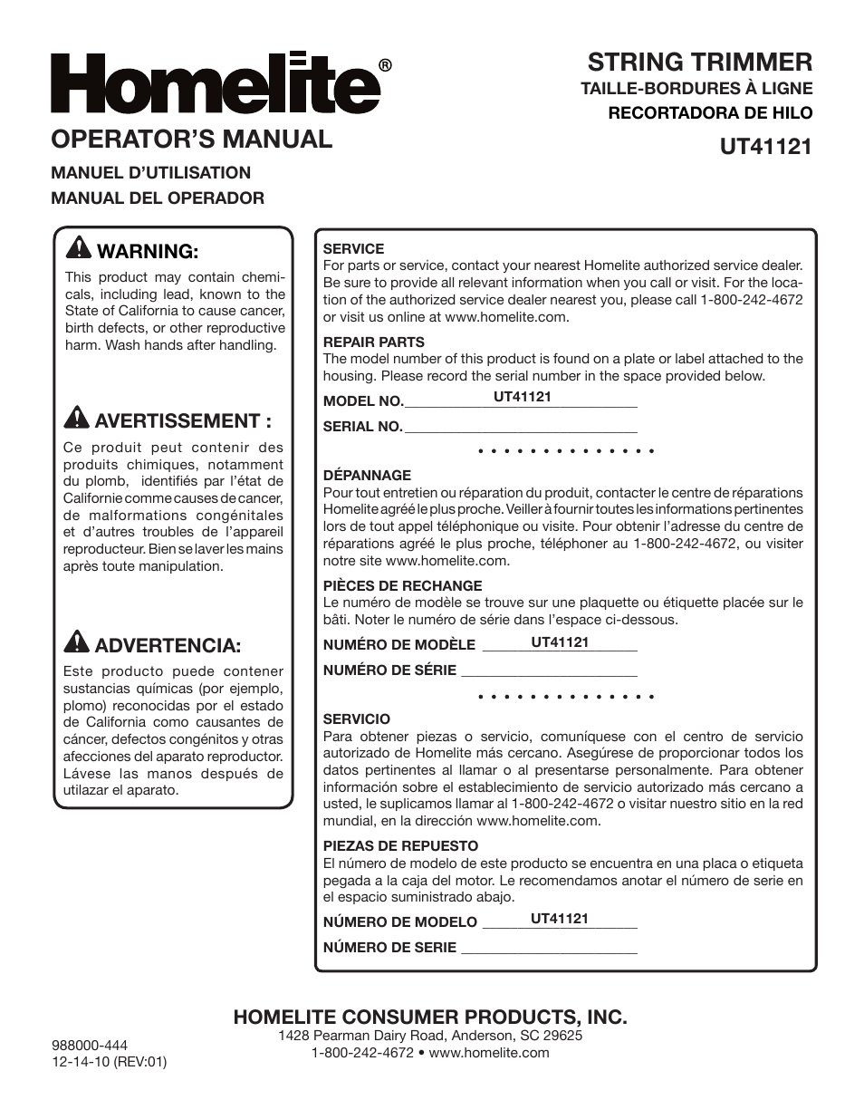 String trimmer, Operator’s manual, Homelite consumer products, inc | Warning, Avertissement, Advertencia | Homelite UT41121 User Manual | Page 36 / 36