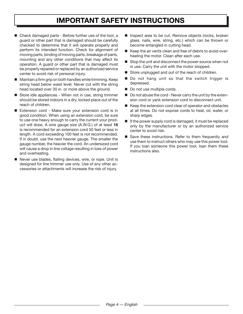 Important safety instructions | Homelite UT41121 User Manual | Page 4 / 36