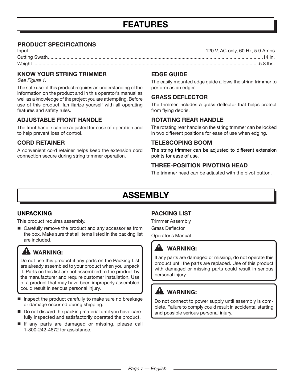 Features, Assembly | Homelite UT41121 User Manual | Page 7 / 36