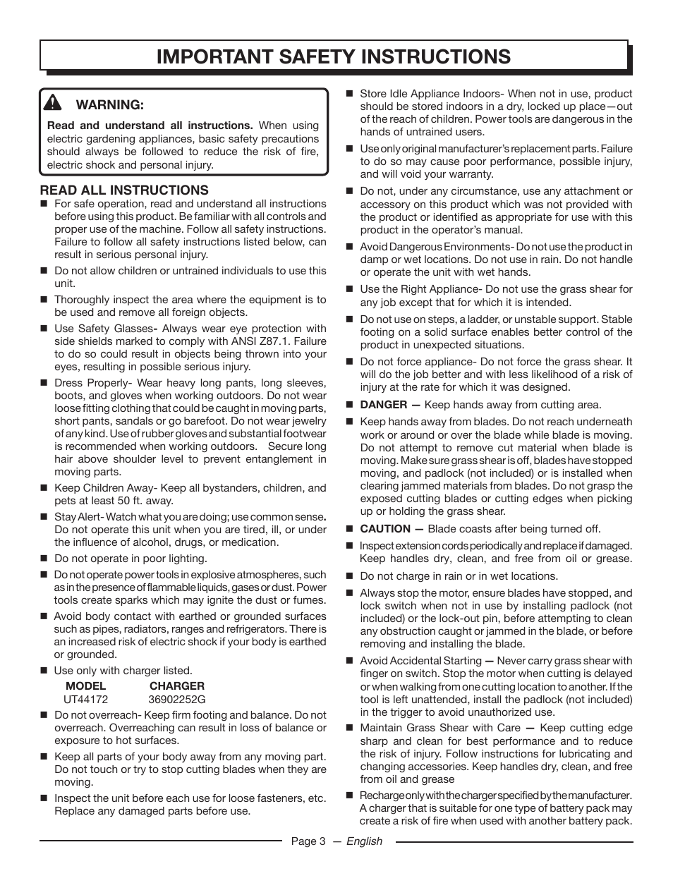 Important safety instructions | Homelite UT44172 User Manual | Page 5 / 38