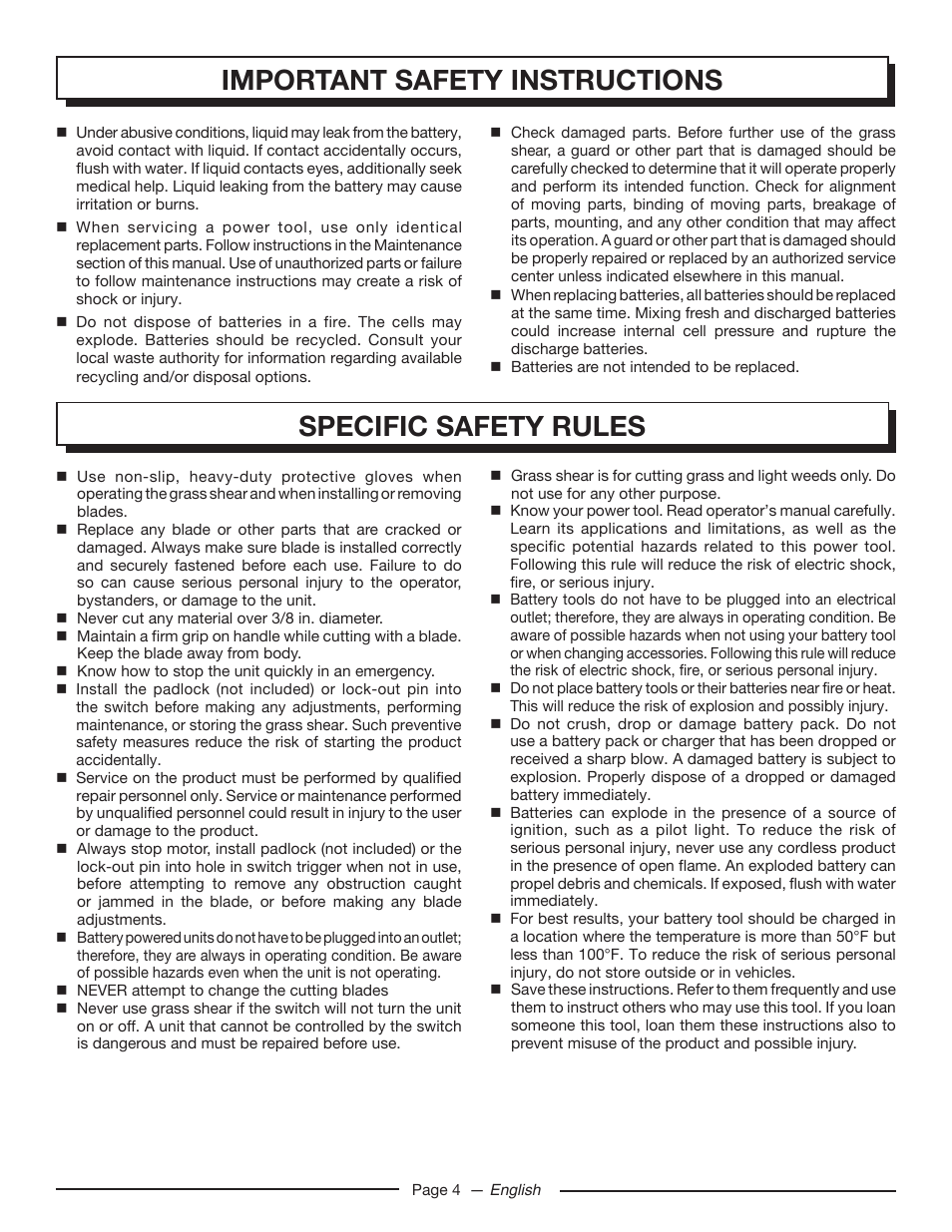 Specific safety rules, Important safety instructions | Homelite UT44172 User Manual | Page 6 / 38