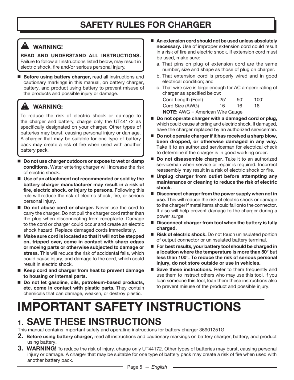 Important safety instructions, Save these instructions, Safety rules for charger | Homelite UT44172 User Manual | Page 7 / 38