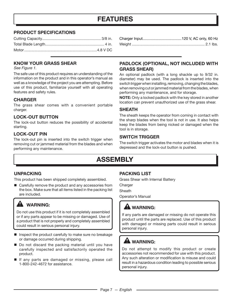 Features, Assembly | Homelite UT44172 User Manual | Page 9 / 38